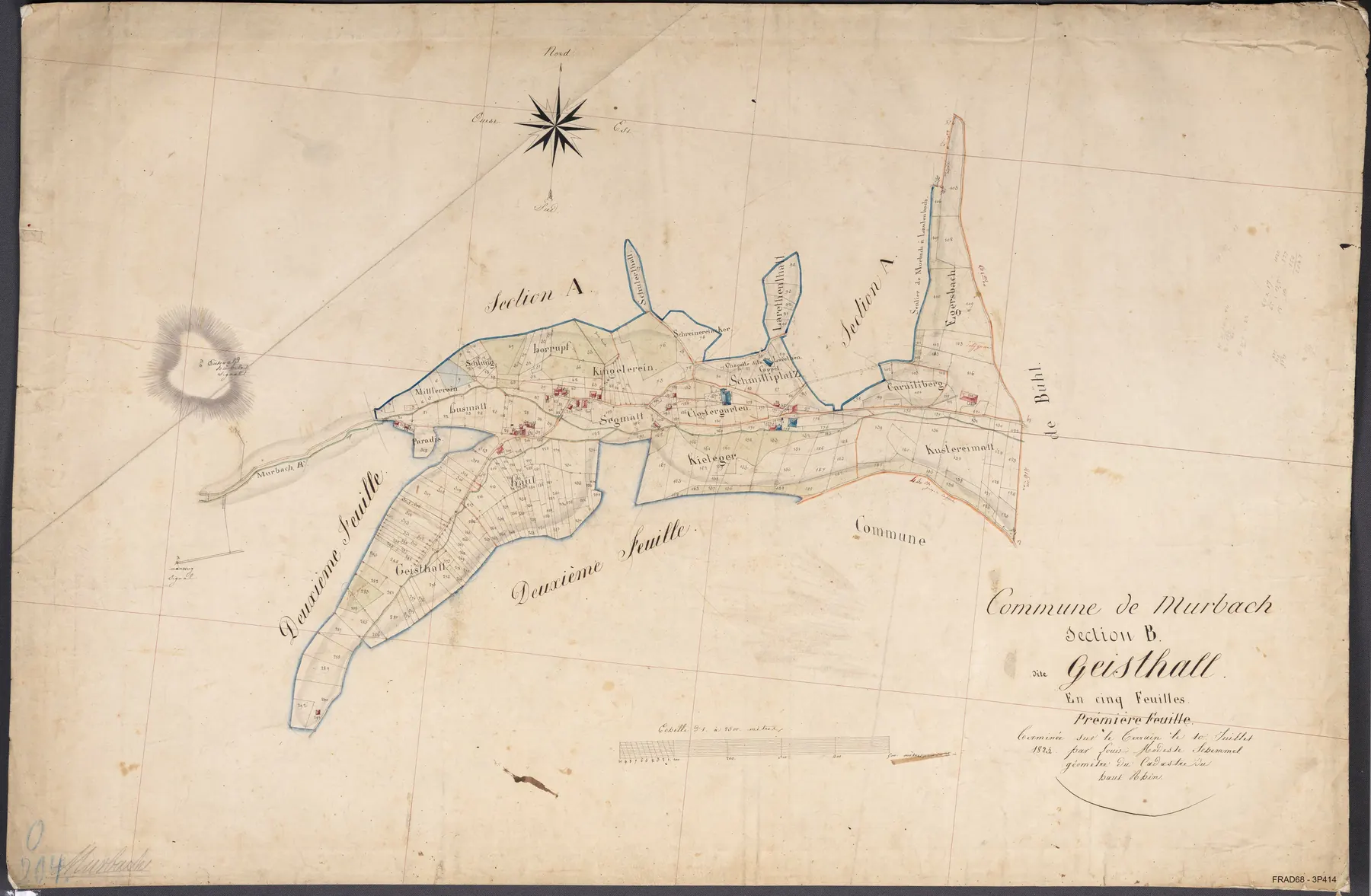 Cadastre napoléonien de Murbach, section B dite Geisthall, première feuille (1823) : à droite, vers l'Egersbach, le lieu-dit « Carniliberg ».